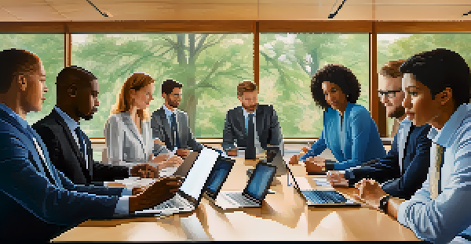 A diverse group of employees in a conference room discussing employer contributions to benefits, with documents and laptops on the table.