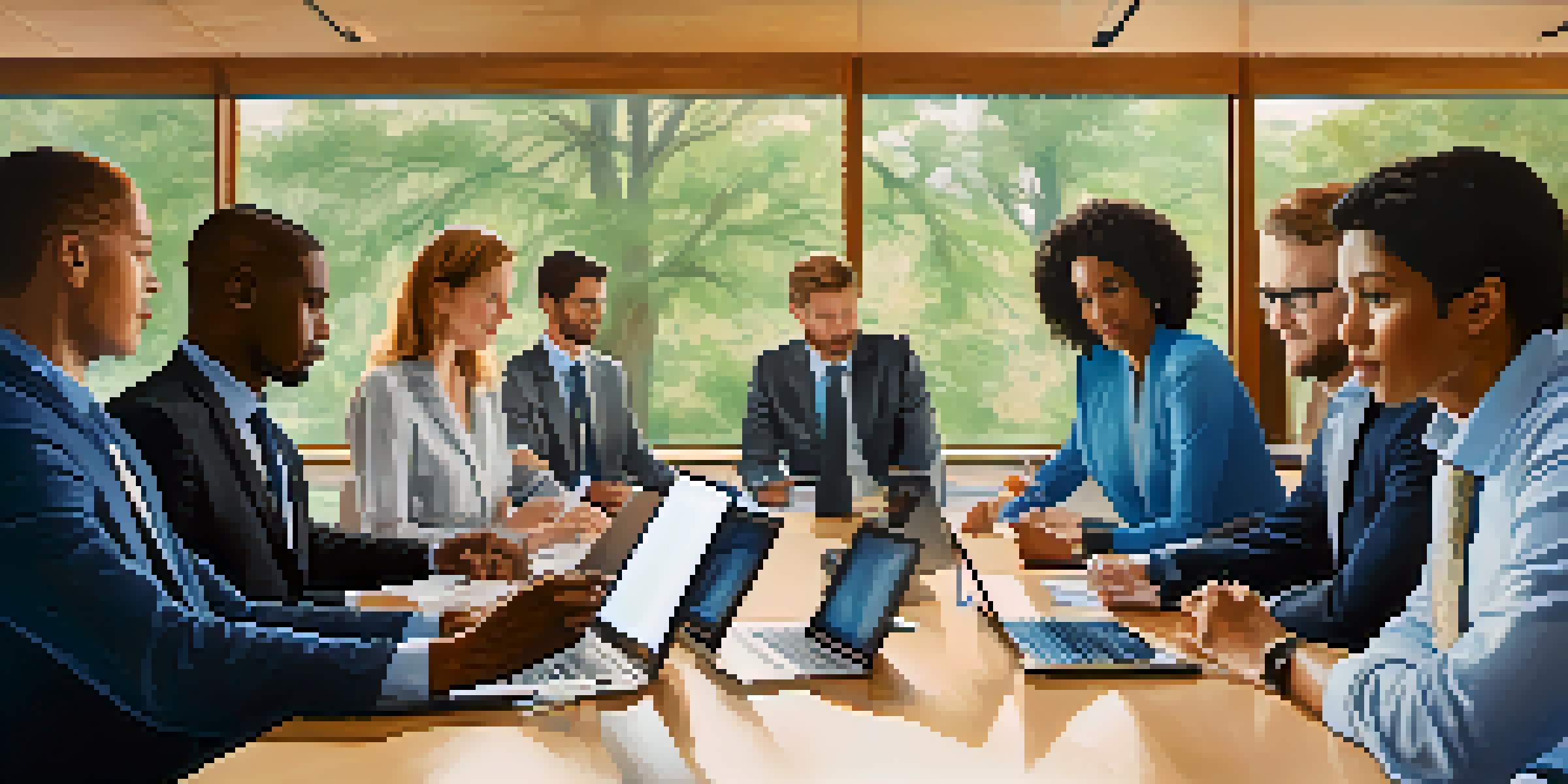 A diverse group of employees in a conference room discussing employer contributions to benefits, with documents and laptops on the table.