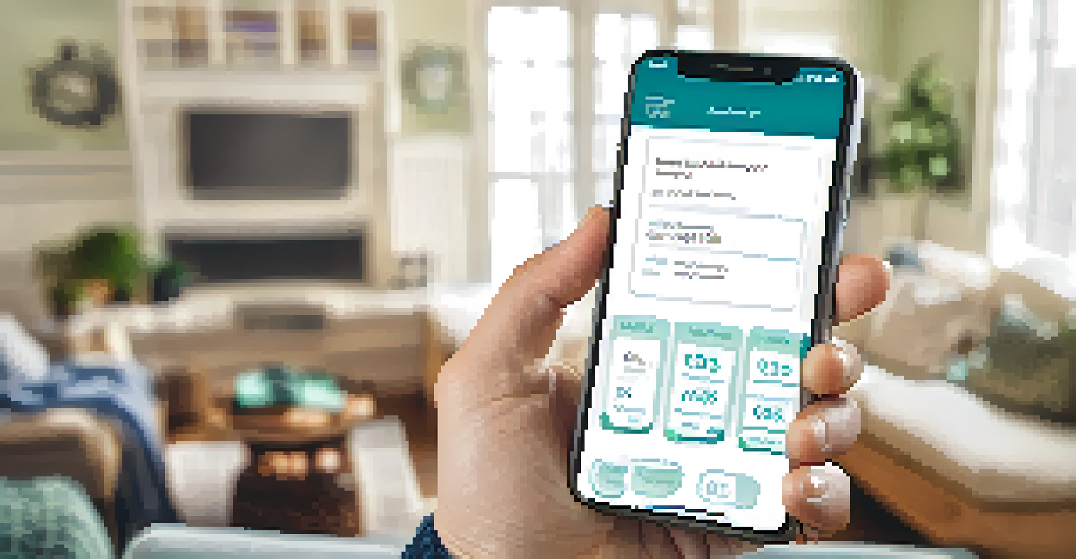 A close-up of hands holding a smartphone showing an HSA app interface, with a cozy living room in the background.
