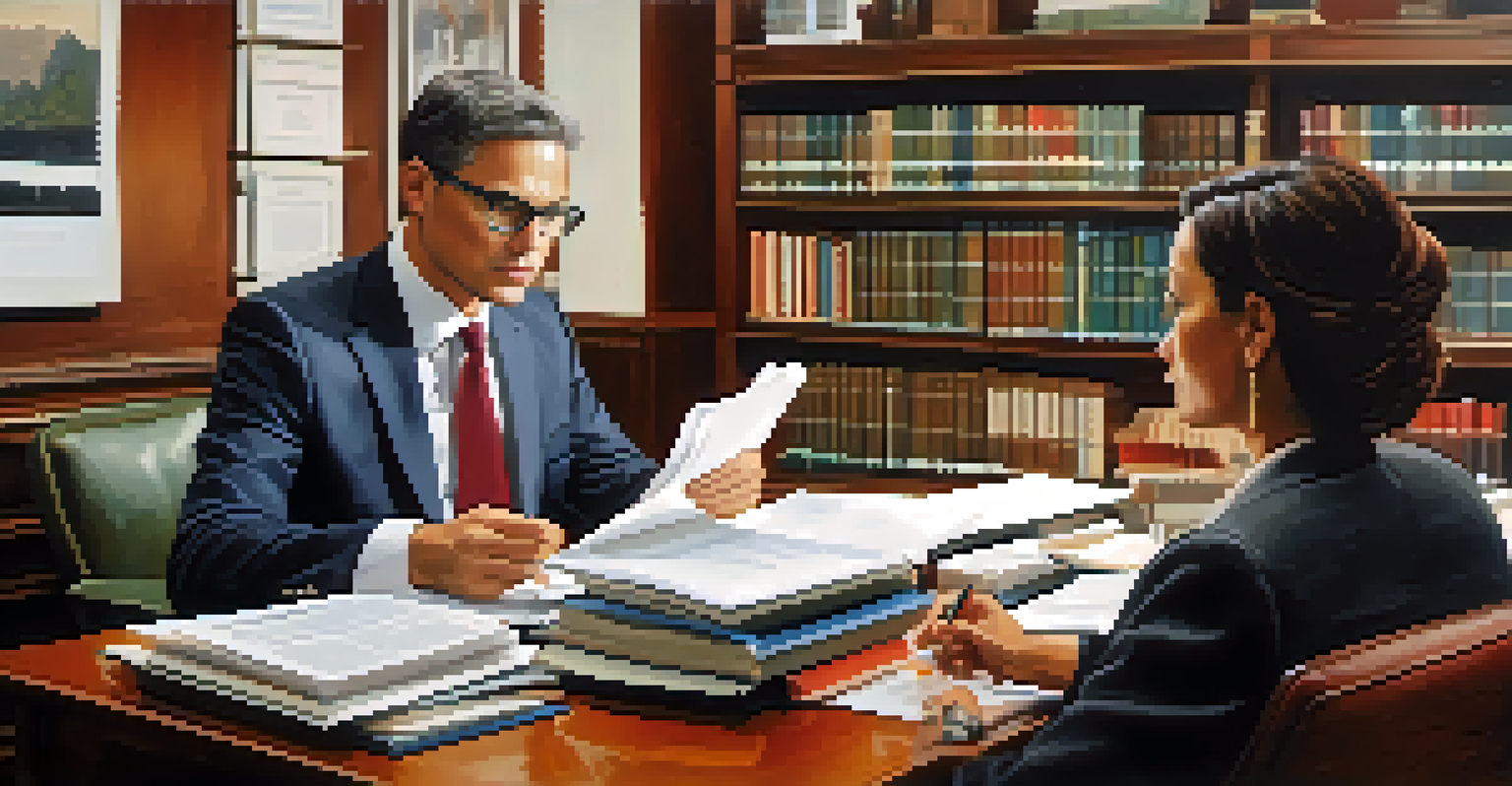 A tax consultant and a client discussing documents in a bright and modern office setting.