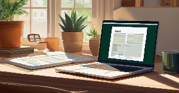 A home office with a wooden desk, laptop, tax documents, and a cup of coffee, illuminated by natural light from a window.