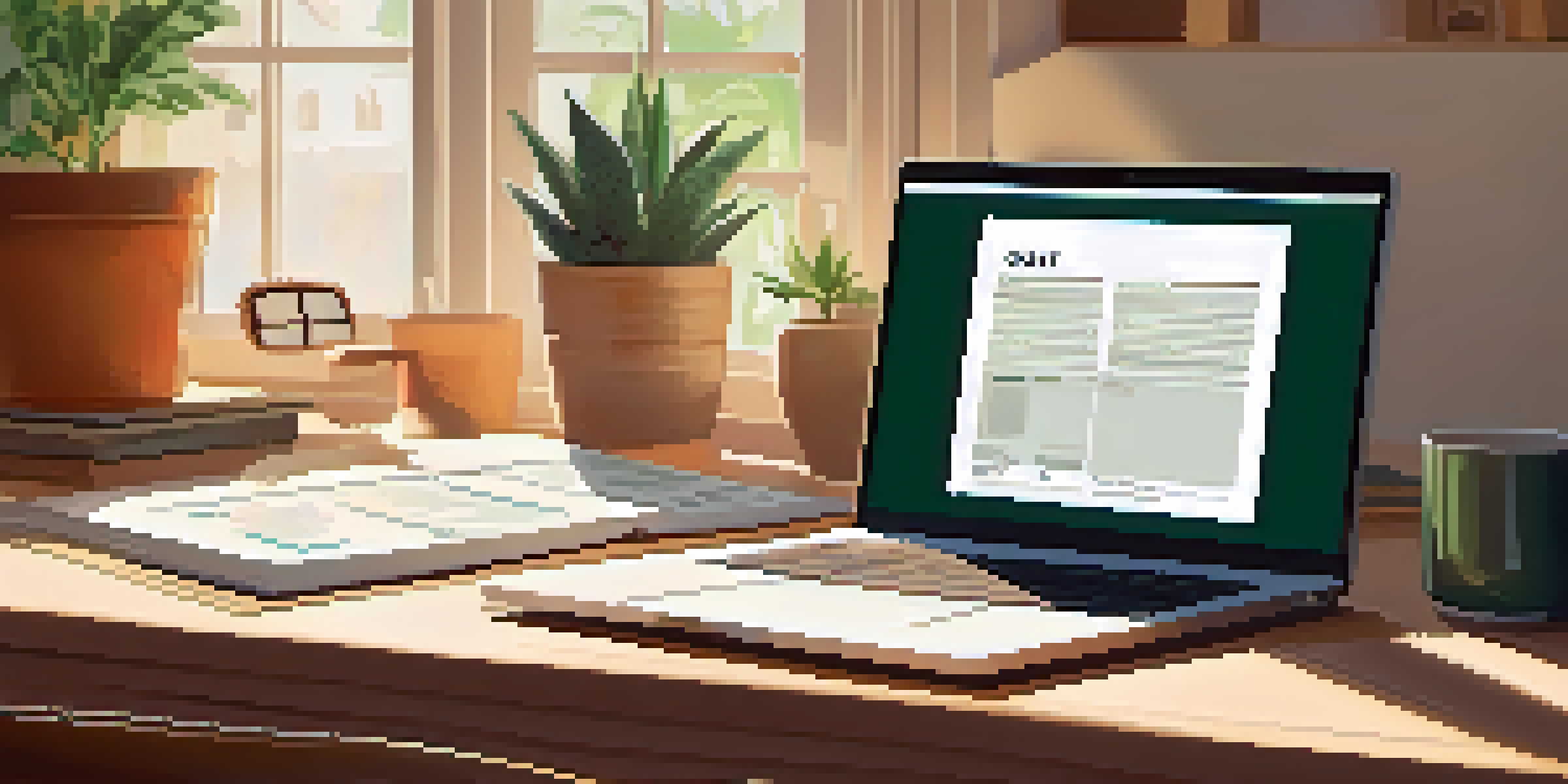 A home office with a wooden desk, laptop, tax documents, and a cup of coffee, illuminated by natural light from a window.
