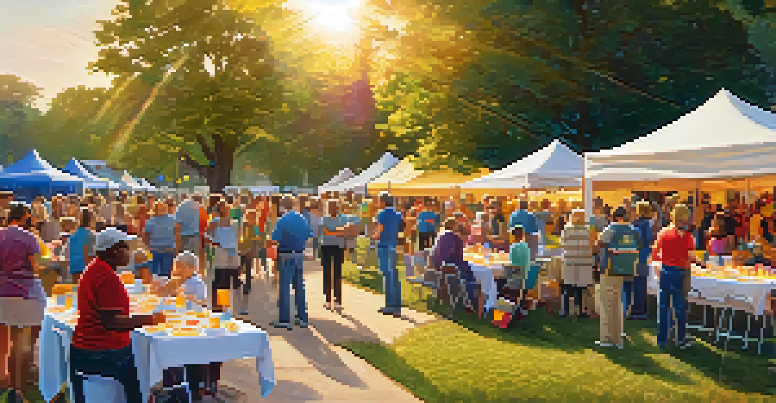 A community event in a park organized by a nonprofit, with volunteers and families interacting under colorful banners.