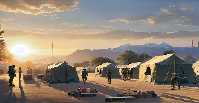 A military camp in a combat zone during sunset, with soldiers and documents on a table.