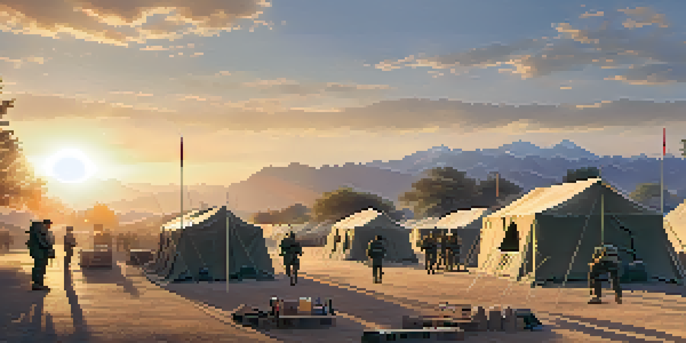A military camp in a combat zone during sunset, with soldiers and documents on a table.