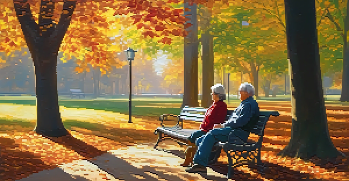 An autumn park scene with retirees on a bench, surrounded by colorful leaves and sunlight filtering through trees.