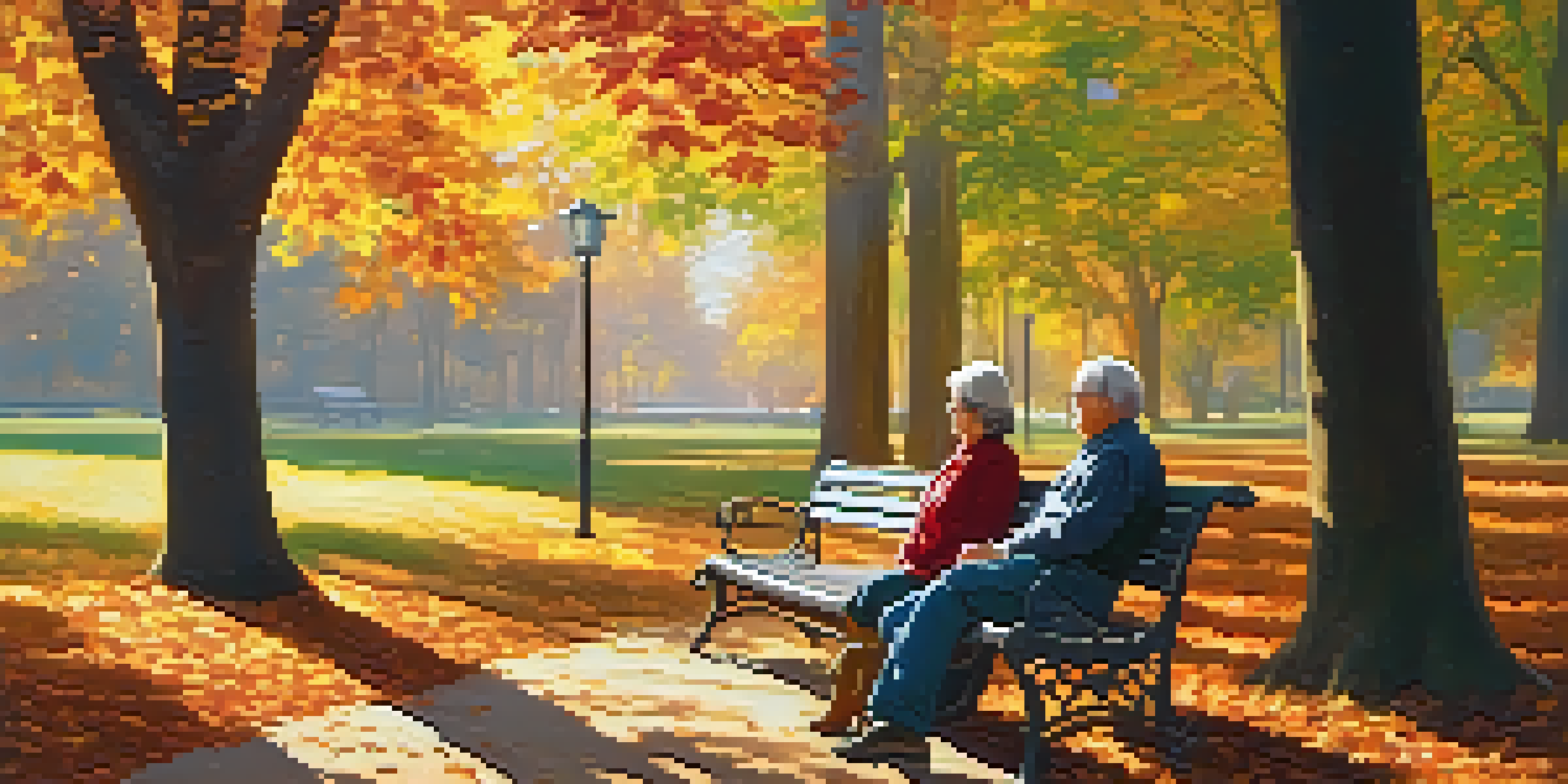 An autumn park scene with retirees on a bench, surrounded by colorful leaves and sunlight filtering through trees.