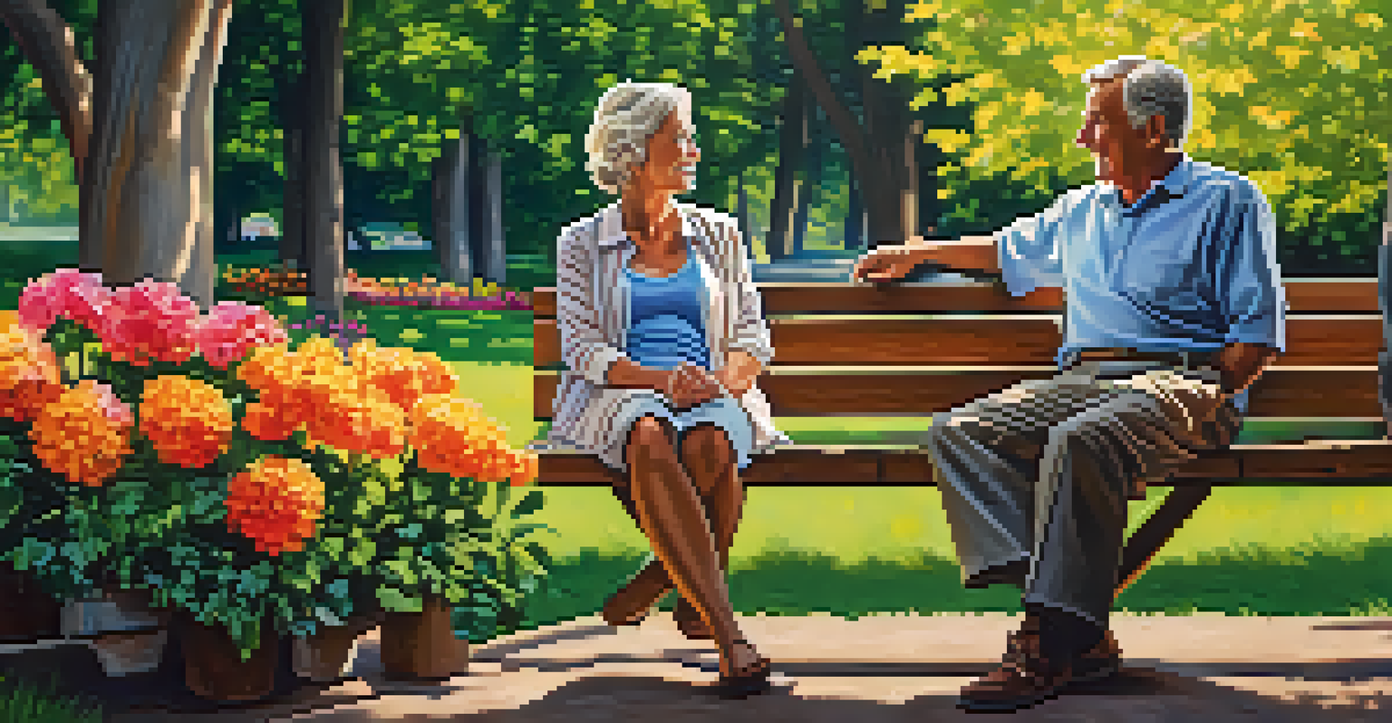 A middle-aged couple sitting on a bench in a park, discussing retirement plans with greenery around them.