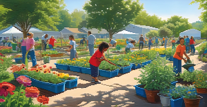 A community garden with diverse volunteers planting and watering plants under a blue sky.