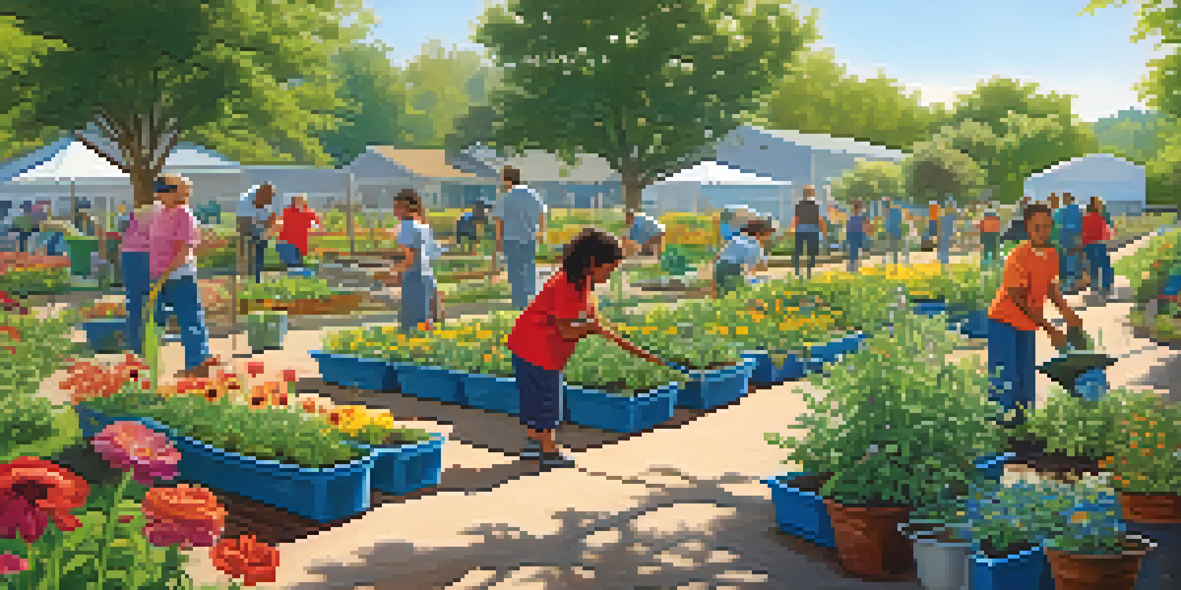 A community garden with diverse volunteers planting and watering plants under a blue sky.