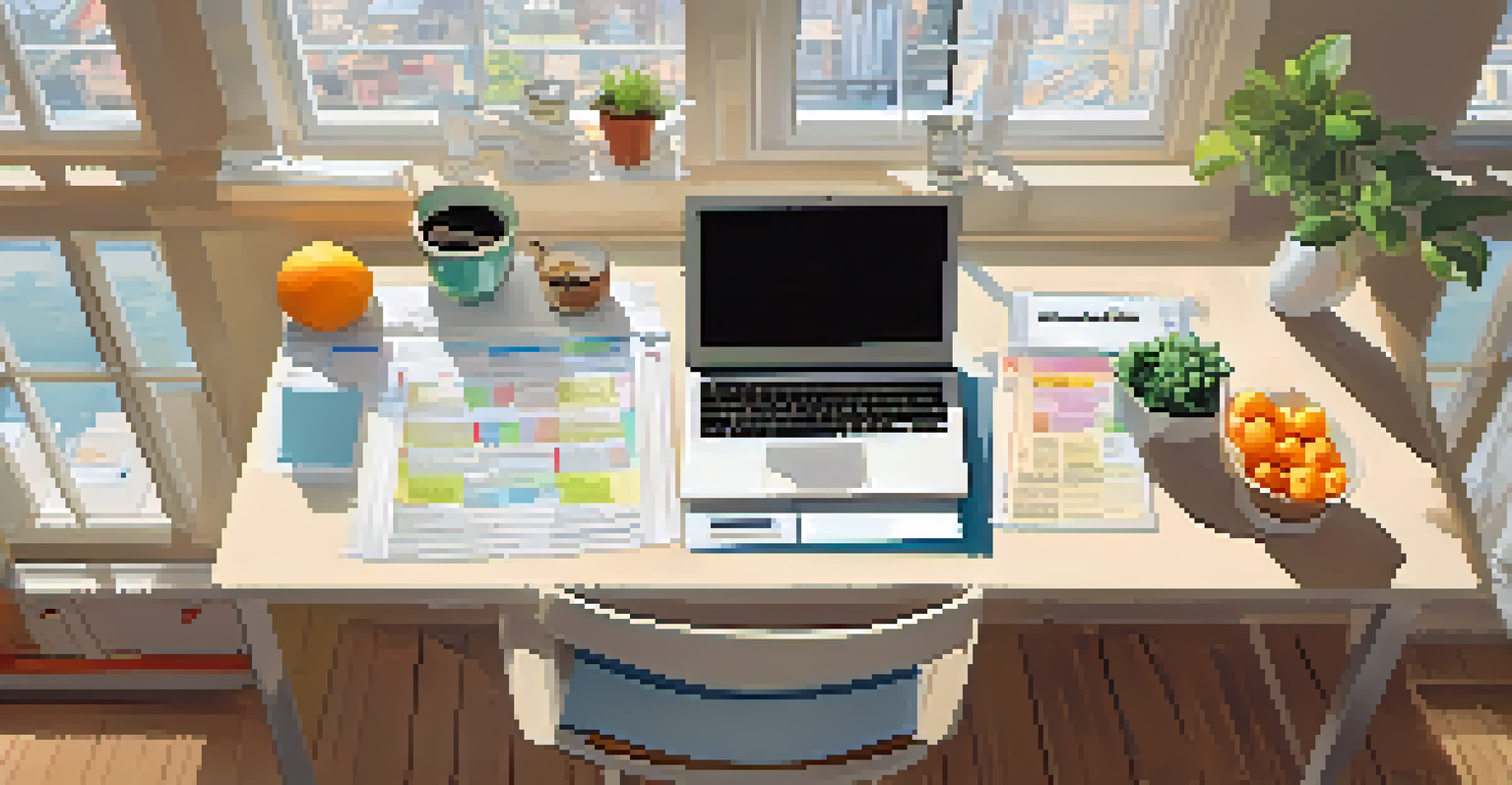 A well-organized kitchen workspace with tax documents, a calculator, and a laptop, under bright lighting.