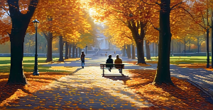 A peaceful autumn park with golden leaves, a winding pathway, and a couple on a bench sipping hot drinks, illuminated by soft sunlight.