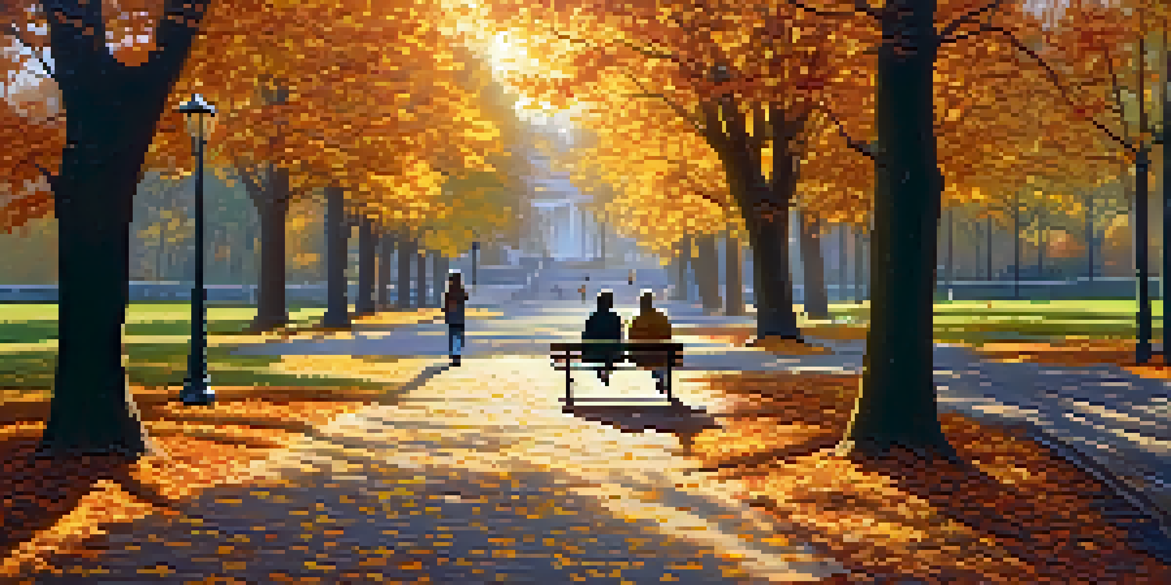 A peaceful autumn park with golden leaves, a winding pathway, and a couple on a bench sipping hot drinks, illuminated by soft sunlight.