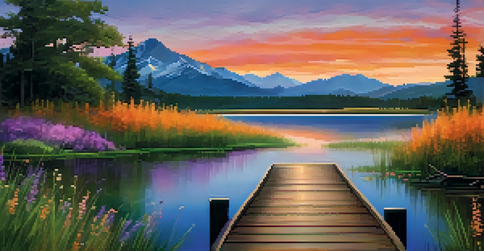 A peaceful sunset over a lake with colorful reflections, surrounded by green grass and distant mountains.