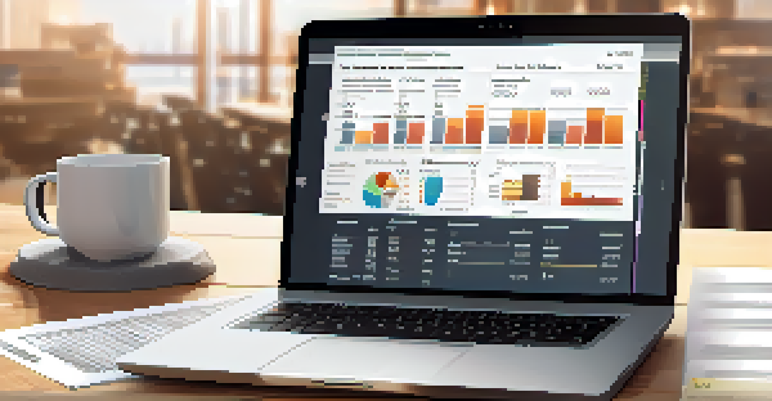 A close-up of a laptop showing tax software with graphs and data, surrounded by tax documents and a coffee cup on a wooden desk.