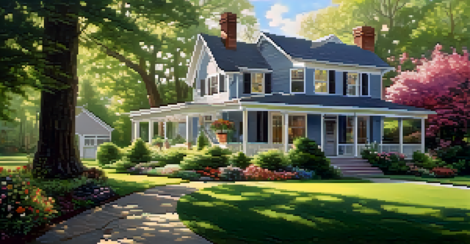 A family home nestled in a green landscape, with sunlight shining through the trees and colorful flowers around the porch.