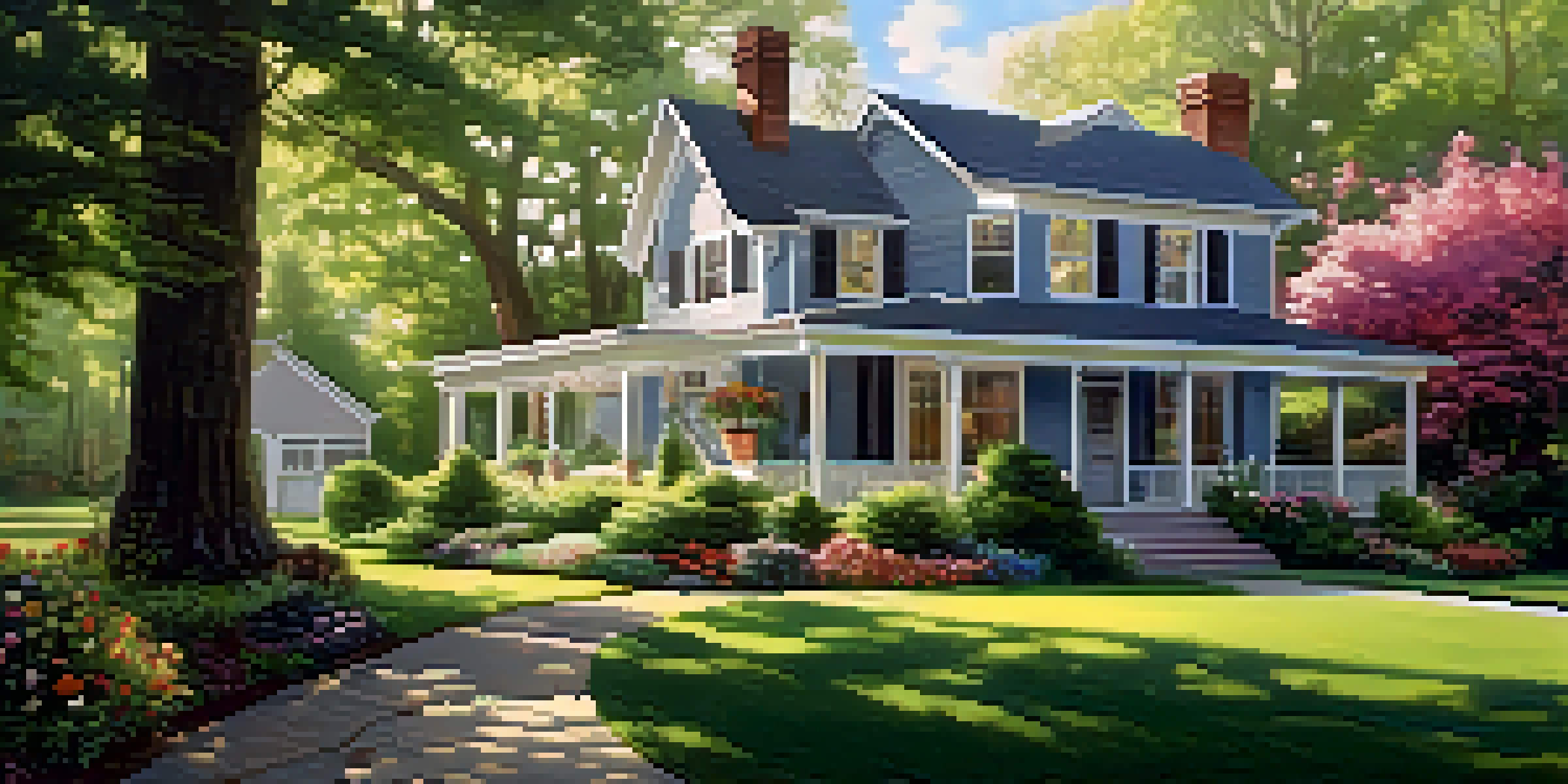 A family home nestled in a green landscape, with sunlight shining through the trees and colorful flowers around the porch.