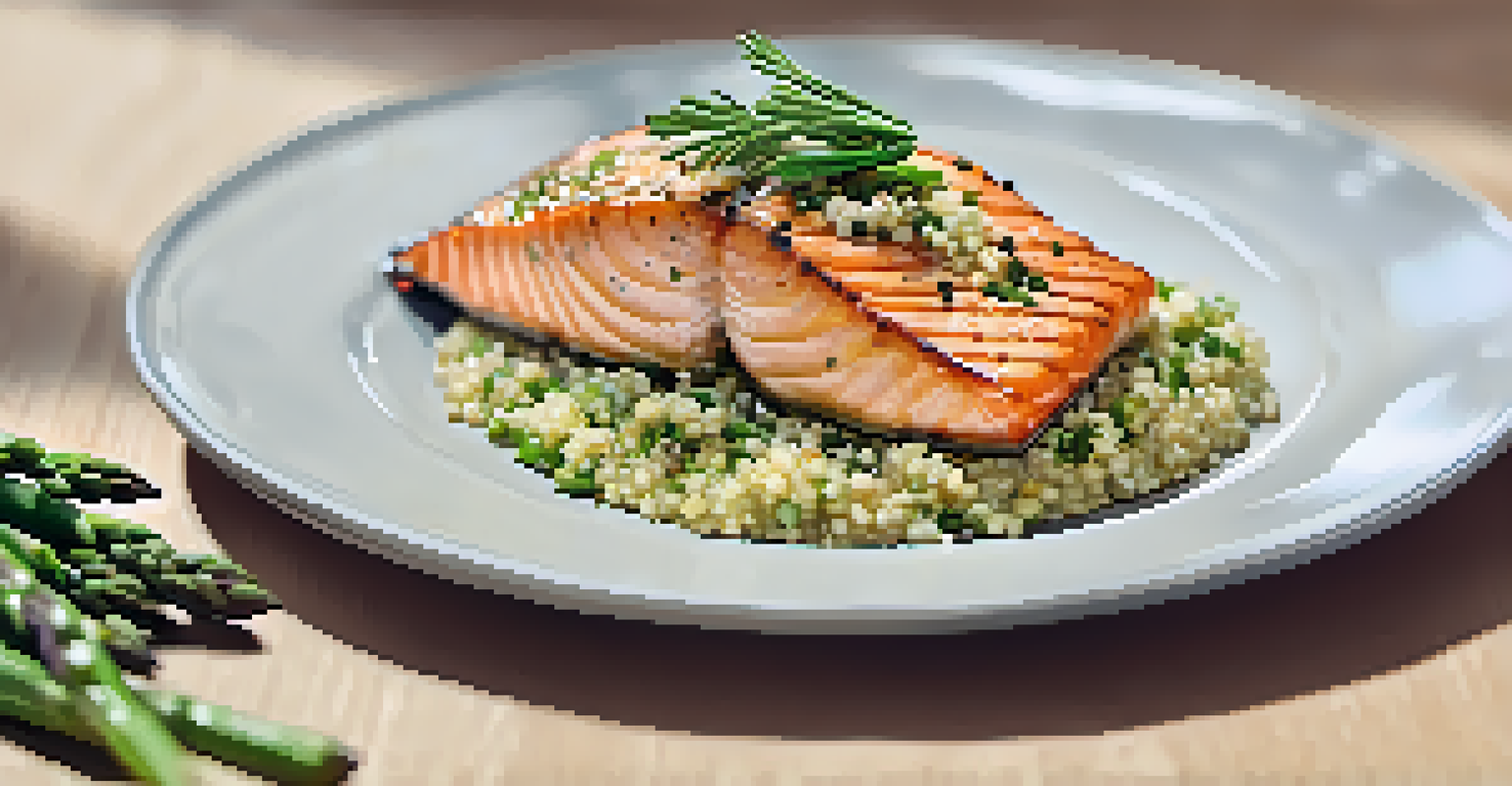 A beautifully plated dish of grilled salmon with asparagus and quinoa, garnished with herbs.