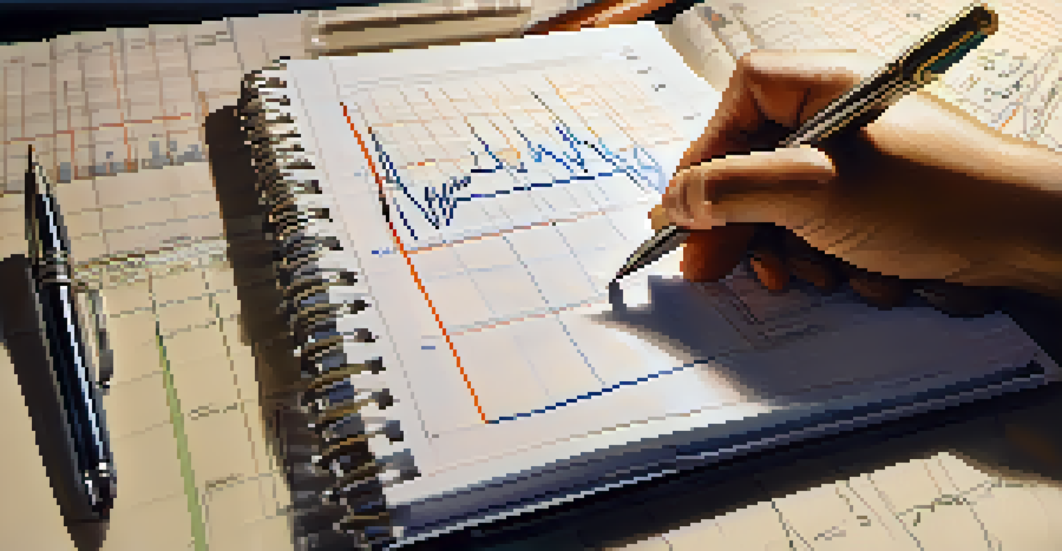 A close-up of a hand writing on a notepad with financial charts in the background.