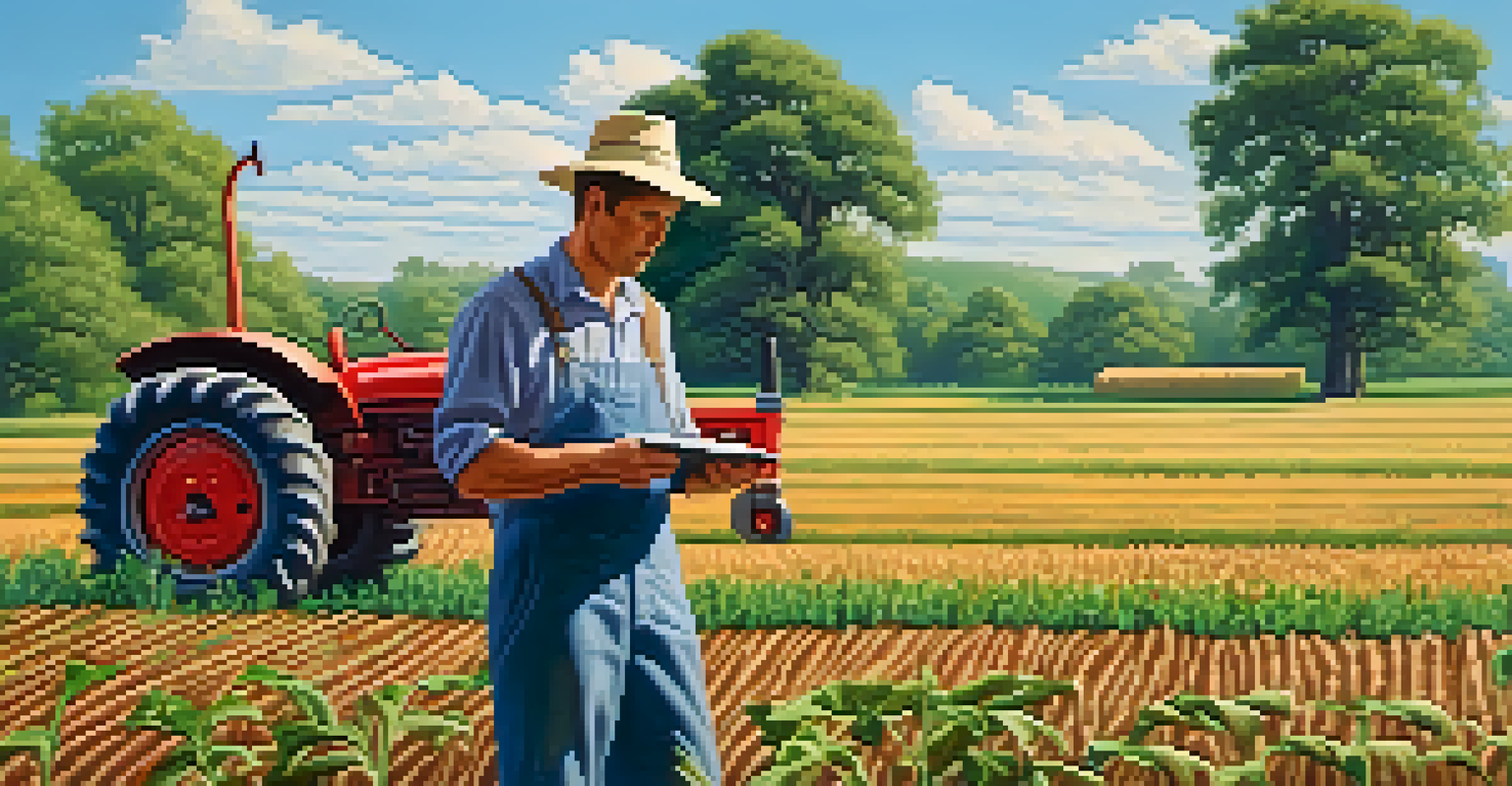 A farmer inspecting crops in a lush green field under a clear blue sky, with a tractor and tools in the background.