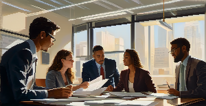 A diverse group of people discussing tax matters in a bright office, surrounded by documents and laptops, with warm sunlight streaming in.