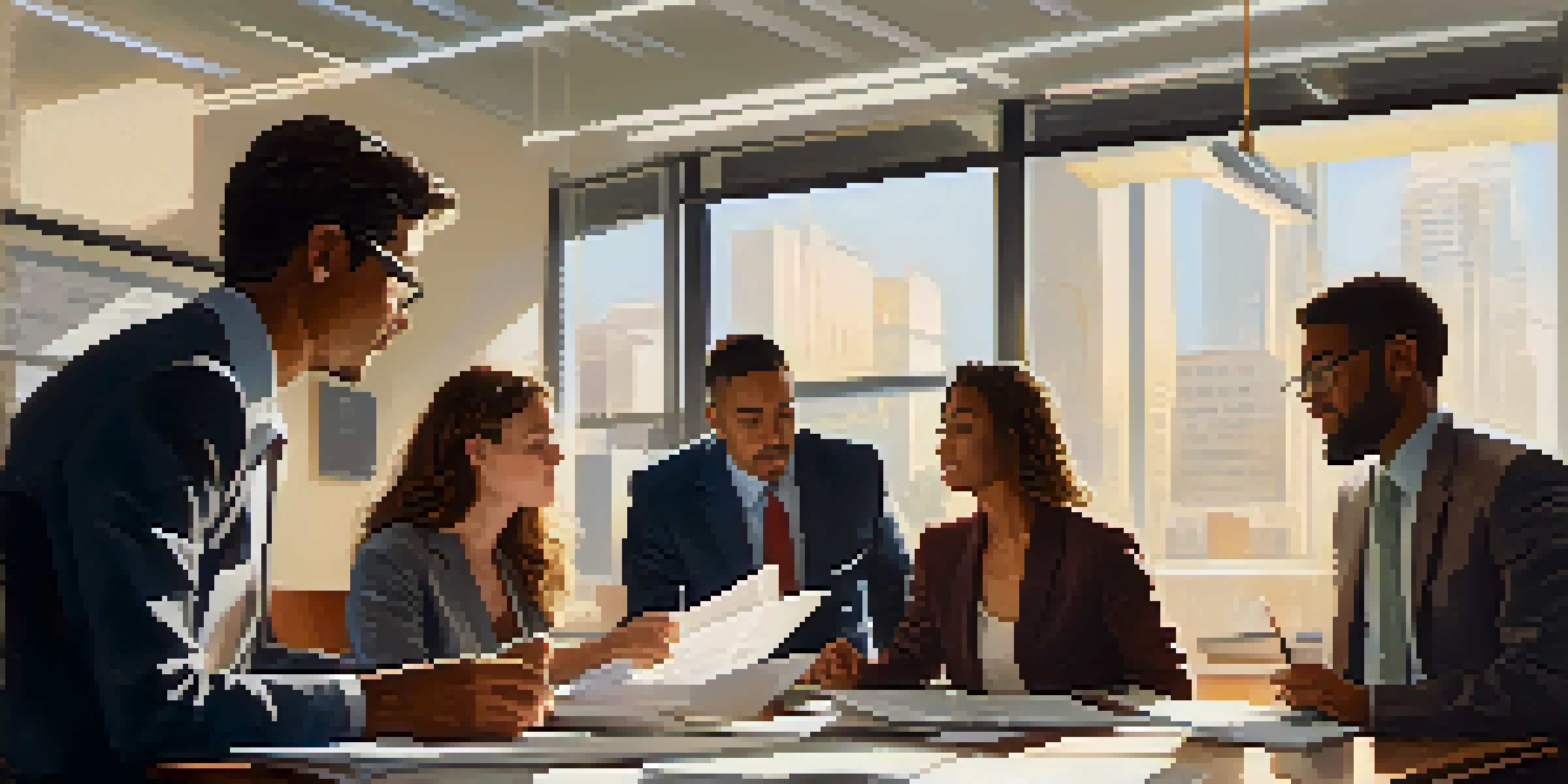 A diverse group of people discussing tax matters in a bright office, surrounded by documents and laptops, with warm sunlight streaming in.