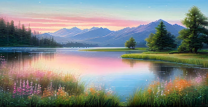 A peaceful sunrise over a calm lake with soft pastel colors, green grass, and colorful wildflowers.