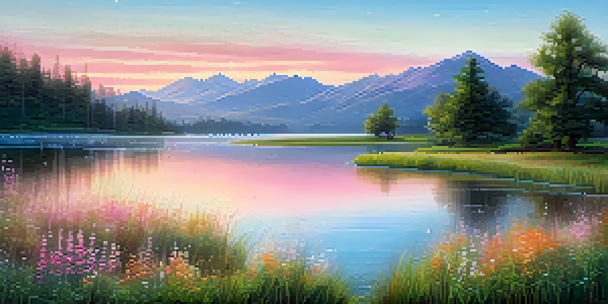 A peaceful sunrise over a calm lake with soft pastel colors, green grass, and colorful wildflowers.