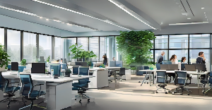 A modern corporate office with a diverse group of professionals in a meeting, featuring sleek desks and vibrant greenery.