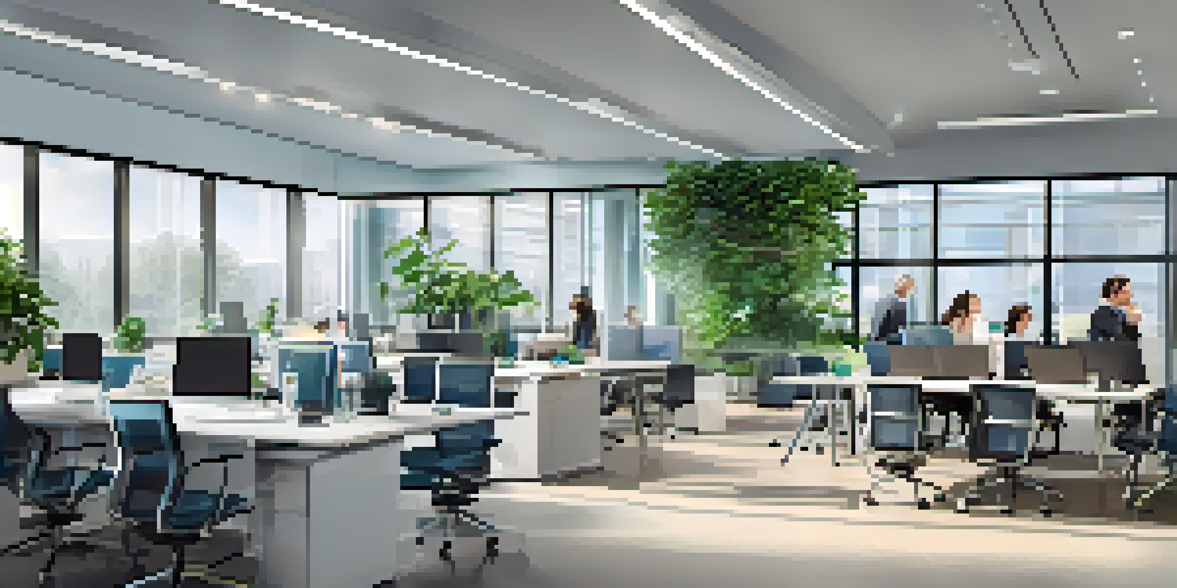 A modern corporate office with a diverse group of professionals in a meeting, featuring sleek desks and vibrant greenery.