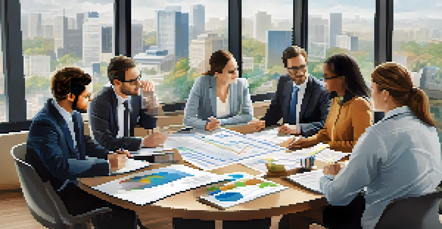 A diverse group of individuals engaged in a financial planning discussion at a table with charts and graphs.