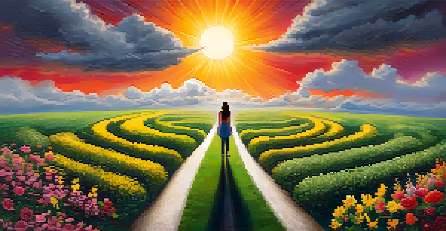 A person at a crossroads, with a dark path labeled 'Debt' and a bright path labeled 'Fresh Start', surrounded by greenery.