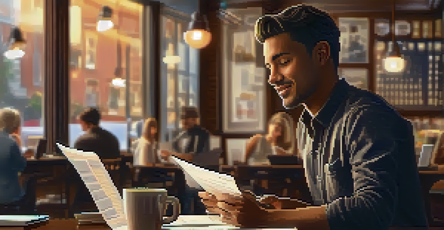 A business owner sitting at a coffee shop with a laptop and financial documents, surrounded by a cozy atmosphere.