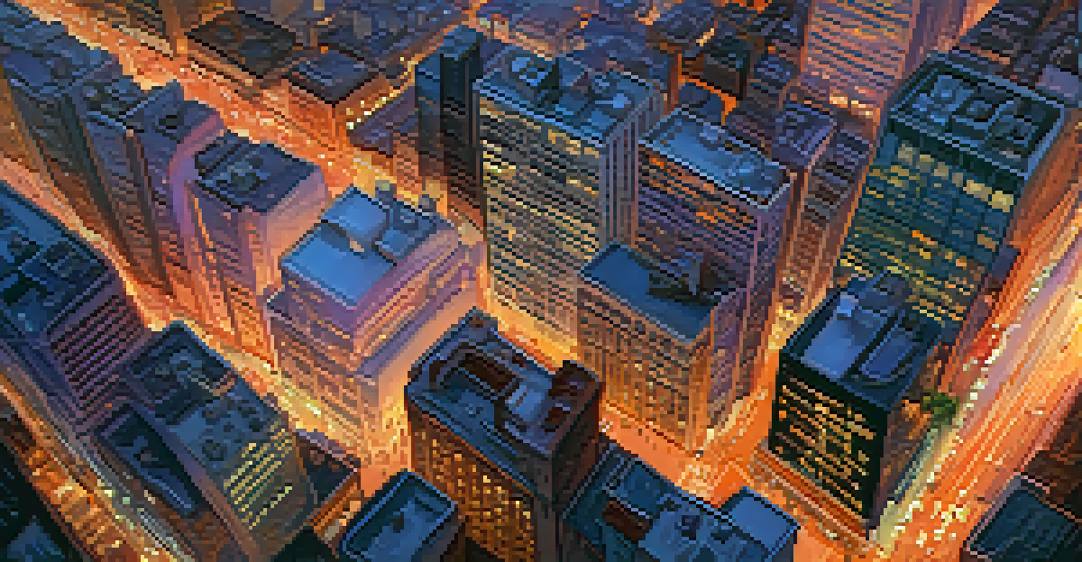 Aerial view of a California city at dusk with vibrant sky and busy streets below.