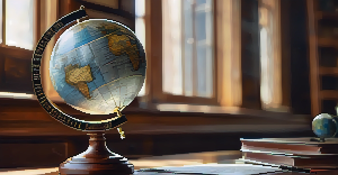 A detailed globe showing different countries and their currencies on a wooden desk with financial documents and a calculator, illuminated by soft natural light.