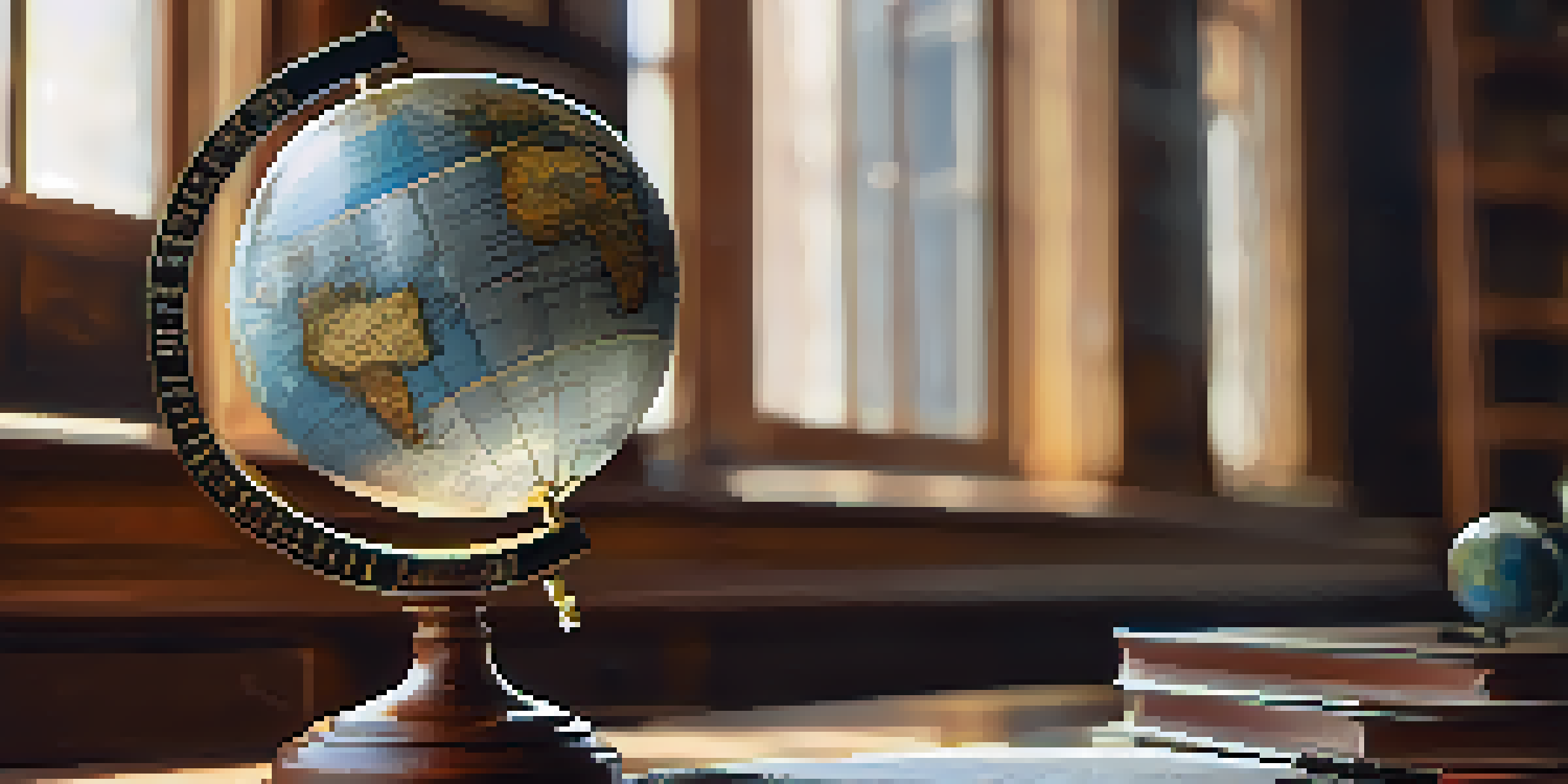 A detailed globe showing different countries and their currencies on a wooden desk with financial documents and a calculator, illuminated by soft natural light.