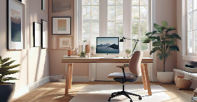 A bright and organized home office with a laptop displaying tax software, surrounded by plants and office supplies.