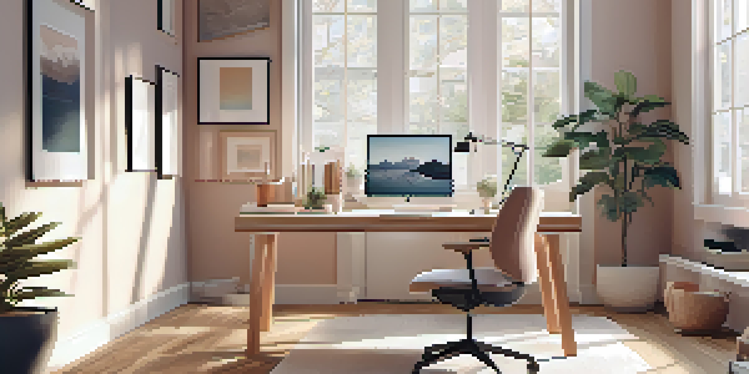 A bright and organized home office with a laptop displaying tax software, surrounded by plants and office supplies.