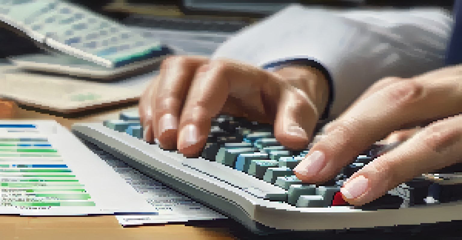 A close-up of hands typing on a laptop with a sales tax report on the screen and receipts in the background.