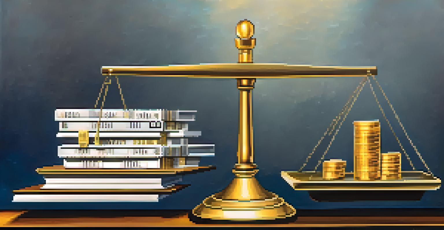 A balance scale showing wealth on one side and community welfare on the other, with a gradient background.