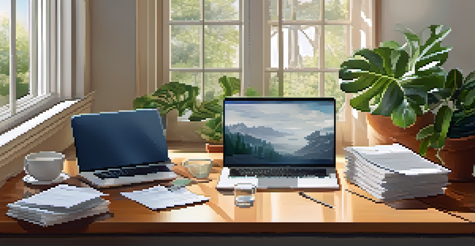 A cozy home office with a laptop, tax forms, coffee, and a plant, filled with natural light, creating a calm and productive atmosphere.