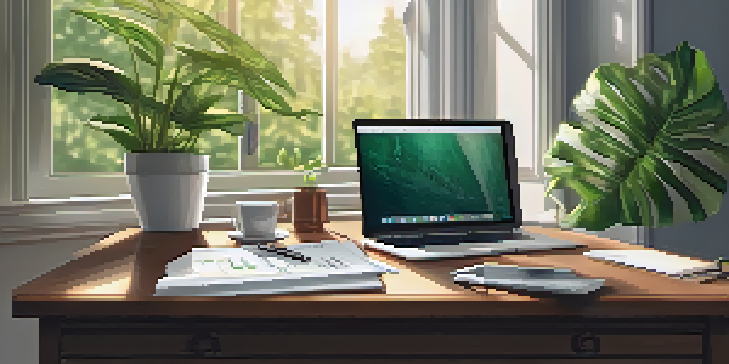 A professional desk setup with a laptop, tax documents, a calculator, a green plant, and a cup of coffee, all bathed in soft natural light.