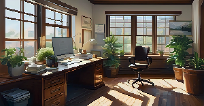 A bright and organized office space featuring a wooden desk with a laptop, plants, and a globe, illuminated by natural light.