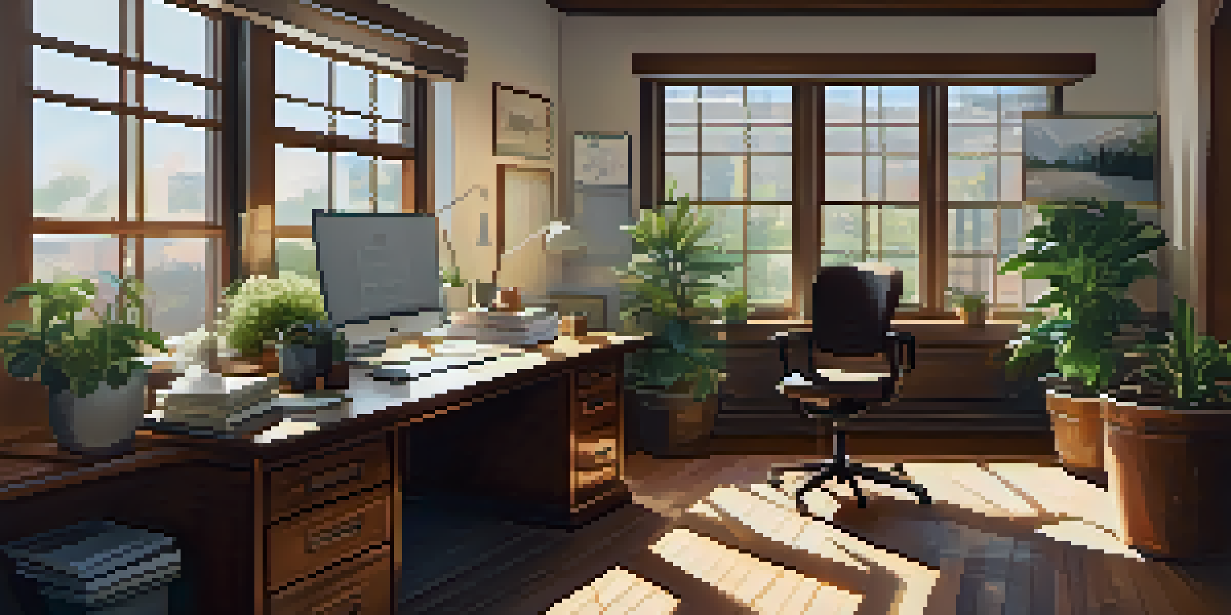 A bright and organized office space featuring a wooden desk with a laptop, plants, and a globe, illuminated by natural light.