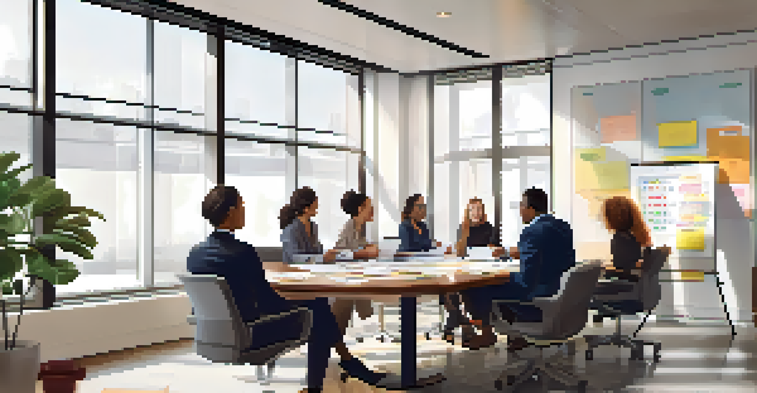 A diverse team in a nonprofit office discussing fundraising strategies, with documents and charts on the table.