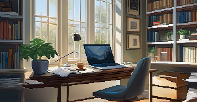 A cozy home office with a desk, laptop, plant, and coffee cup, illuminated by morning light.