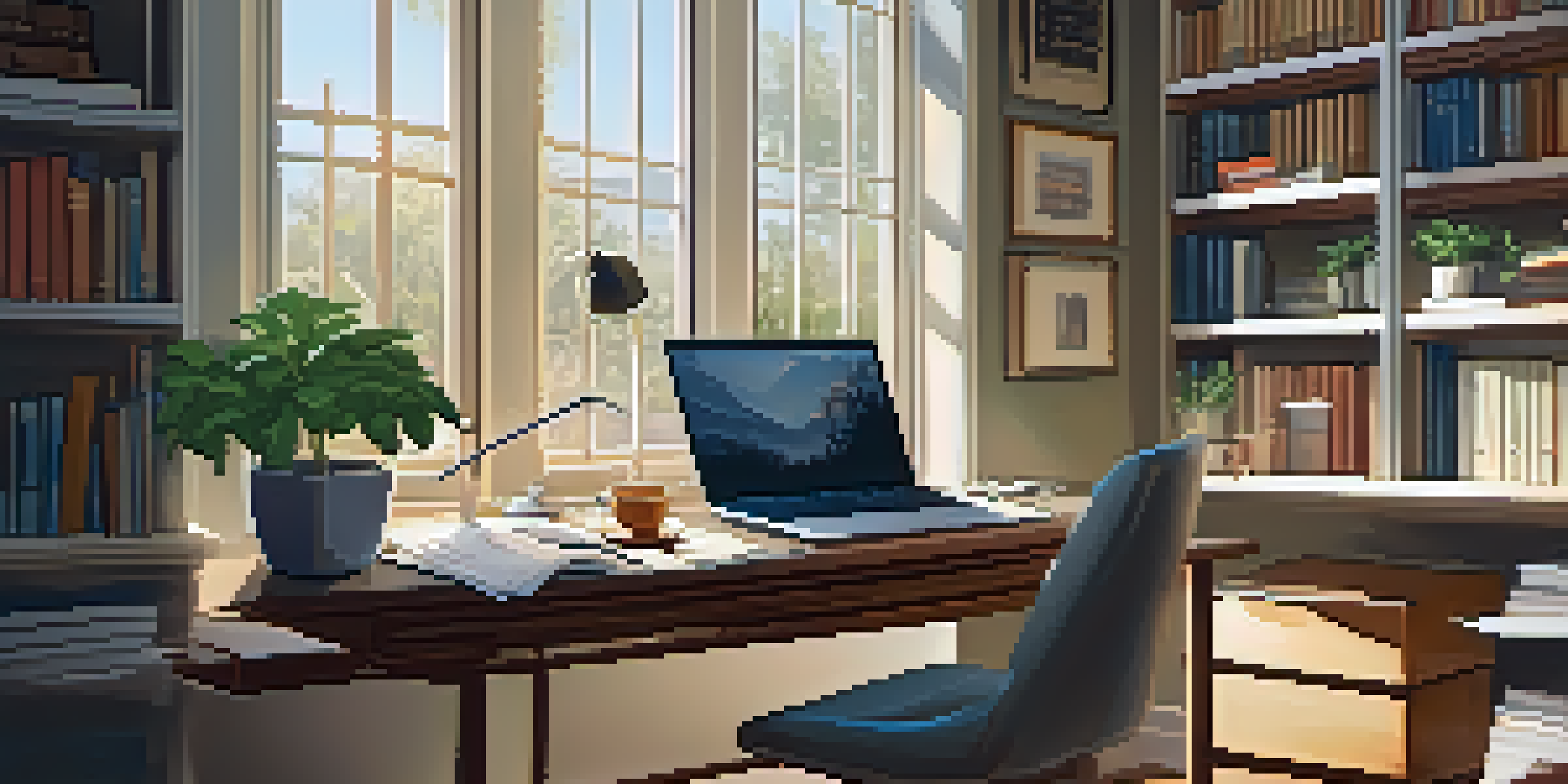 A cozy home office with a desk, laptop, plant, and coffee cup, illuminated by morning light.