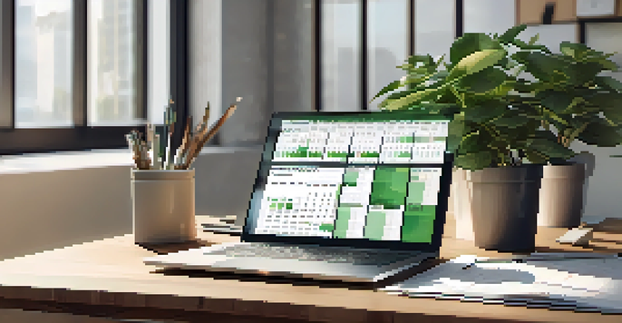 A modern office workspace featuring a desk with a laptop and financial spreadsheets, a calendar marked with tax deadlines, and a potted plant under natural light.