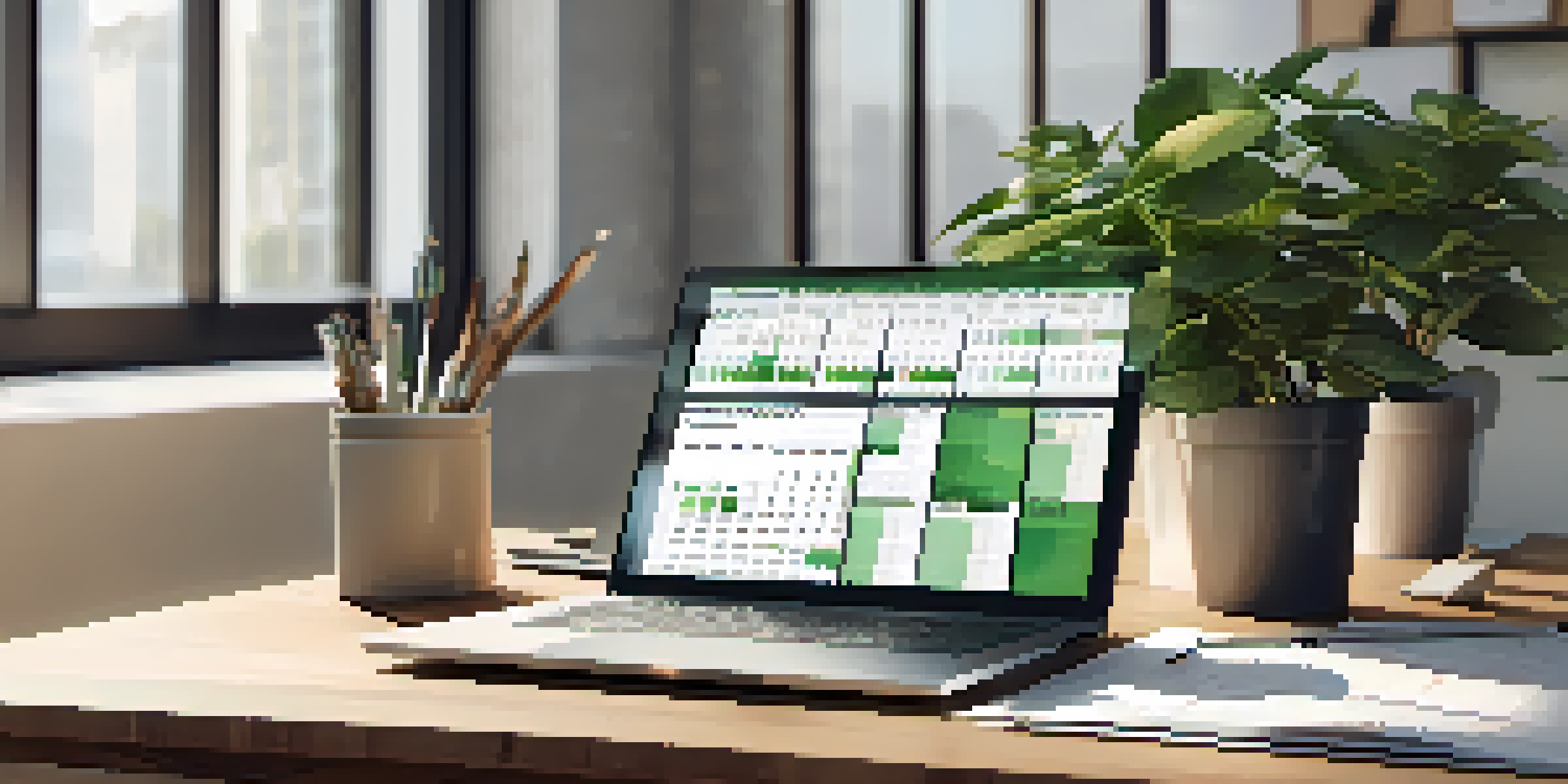 A modern office workspace featuring a desk with a laptop and financial spreadsheets, a calendar marked with tax deadlines, and a potted plant under natural light.
