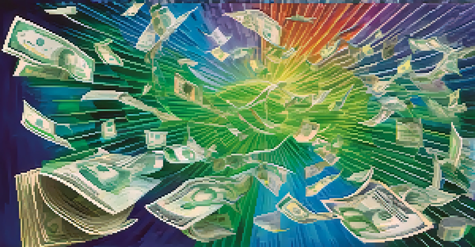 An abstract image of colorful currency notes swirling around a digital chart of fluctuating exchange rates against a blue and green gradient background.